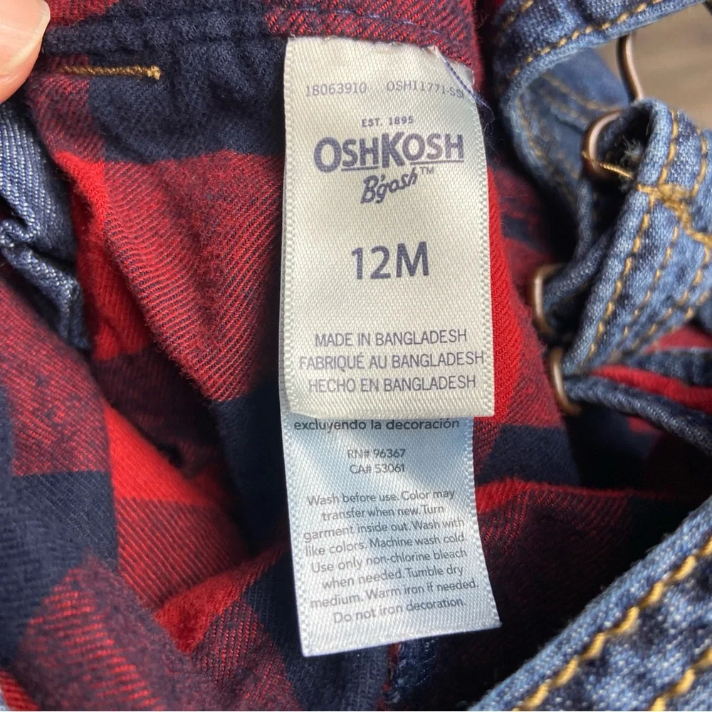 Oshkosh B’gosh 12 Months Classic Denim Blue Jeans Overalls Red‎ Plaid Flannel